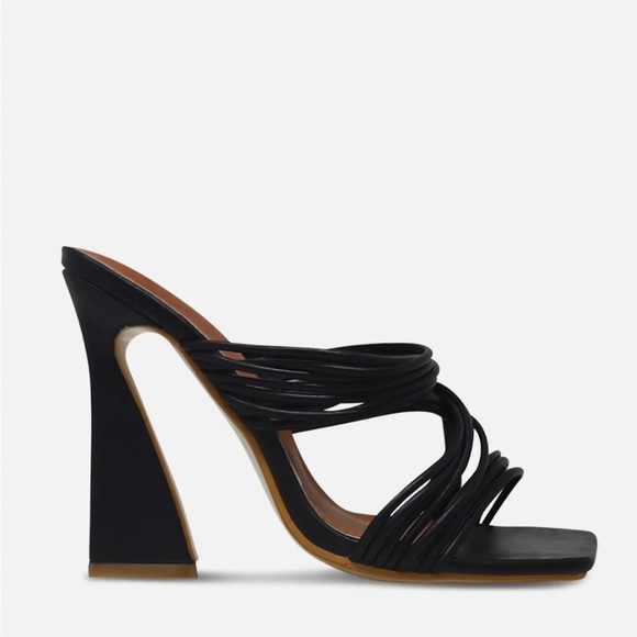 Open Toe Strappy Cross Flared High Heel Mule in Black Faux Leather - Picture 2 of 3